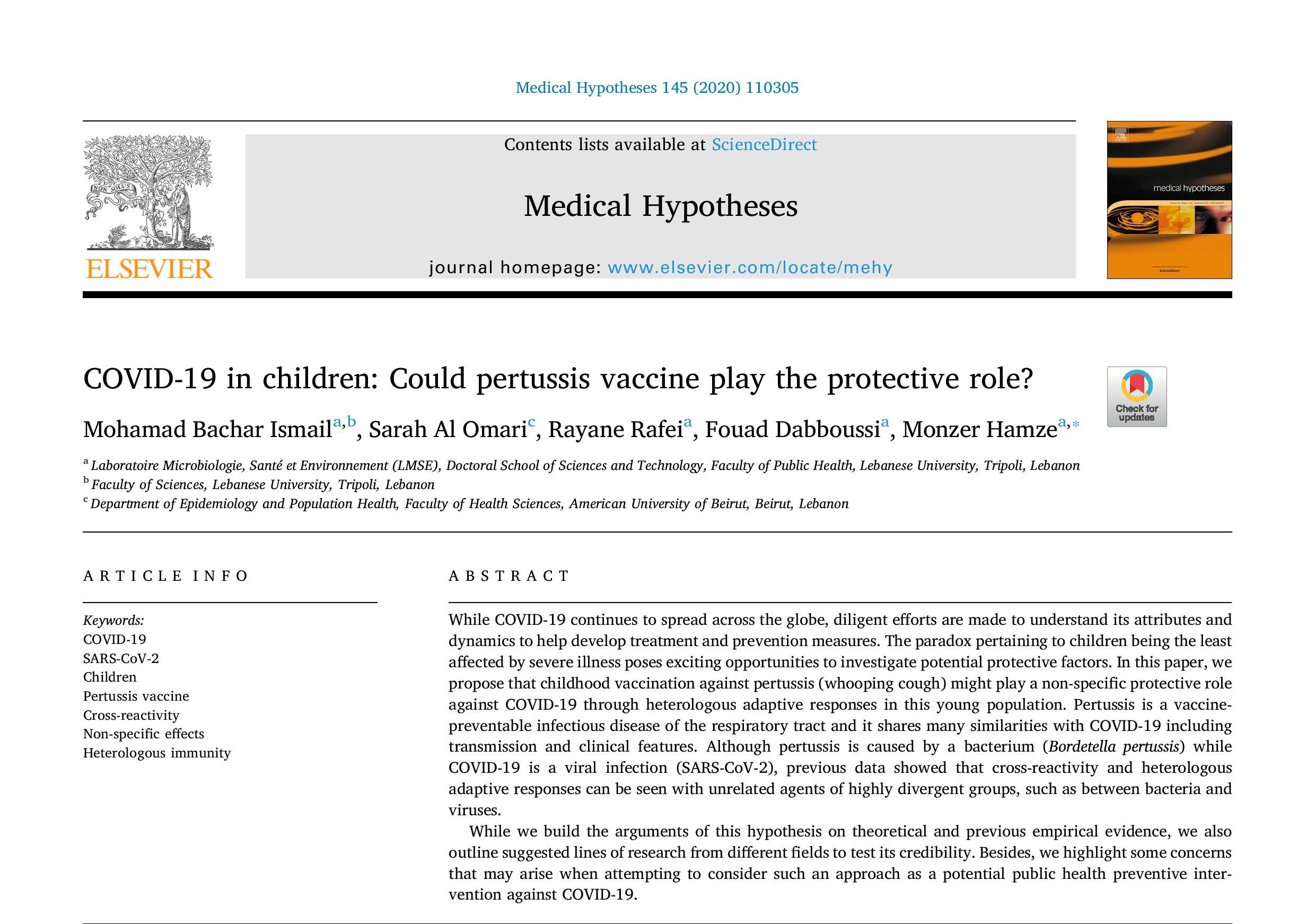 Researchers from the Lebanese University published a scientific theory in an international journal on the relationship between the whooping cough vaccine and Coronavirus