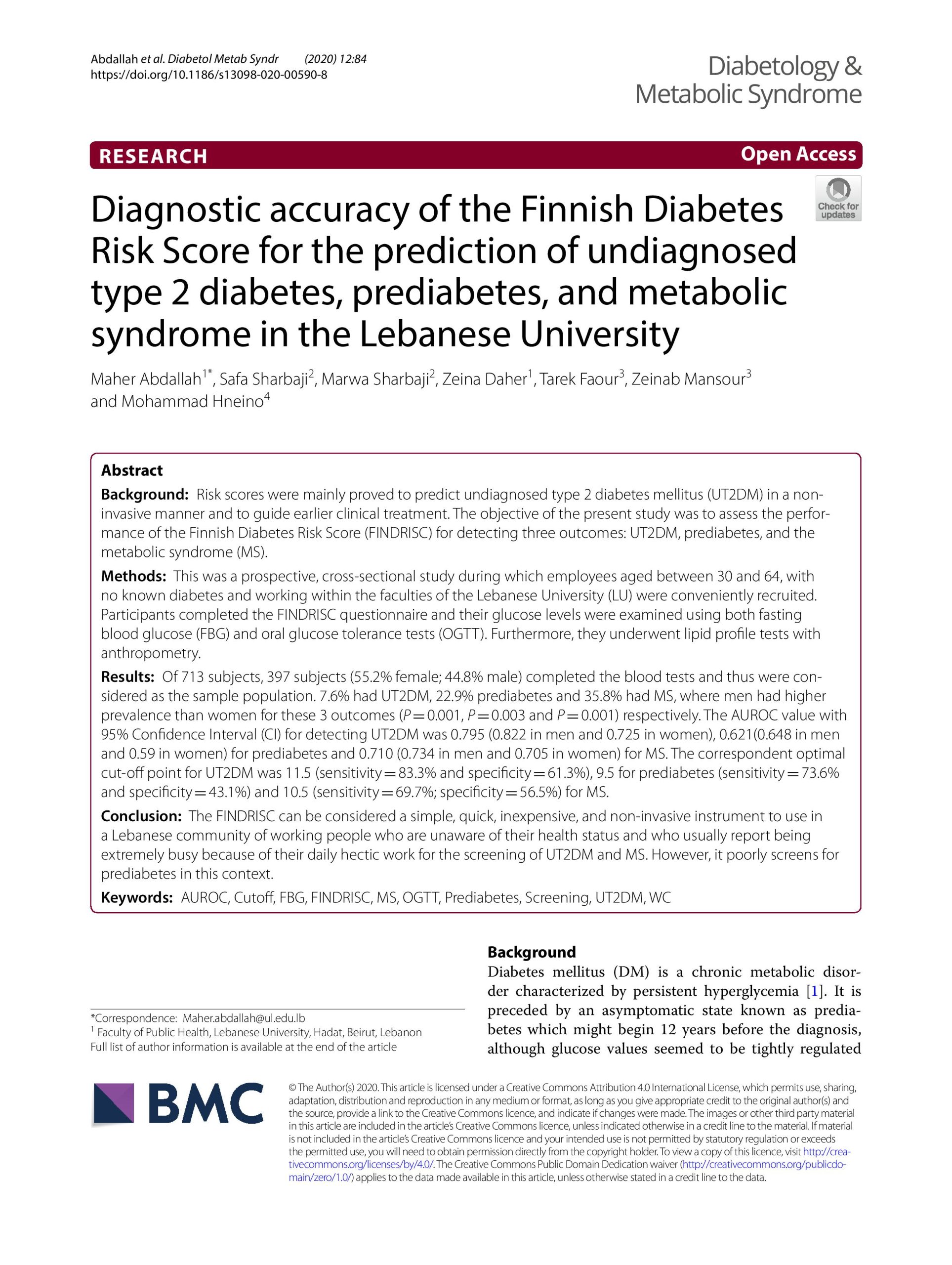 فريق بحثي من كلية الصحة في الجامعة اللبنانية يقدّم طريقة بسيطة وغير مُكلفة للكشف المبكر عن احتمال الإصابة بمرض السكري من النوع الثاني