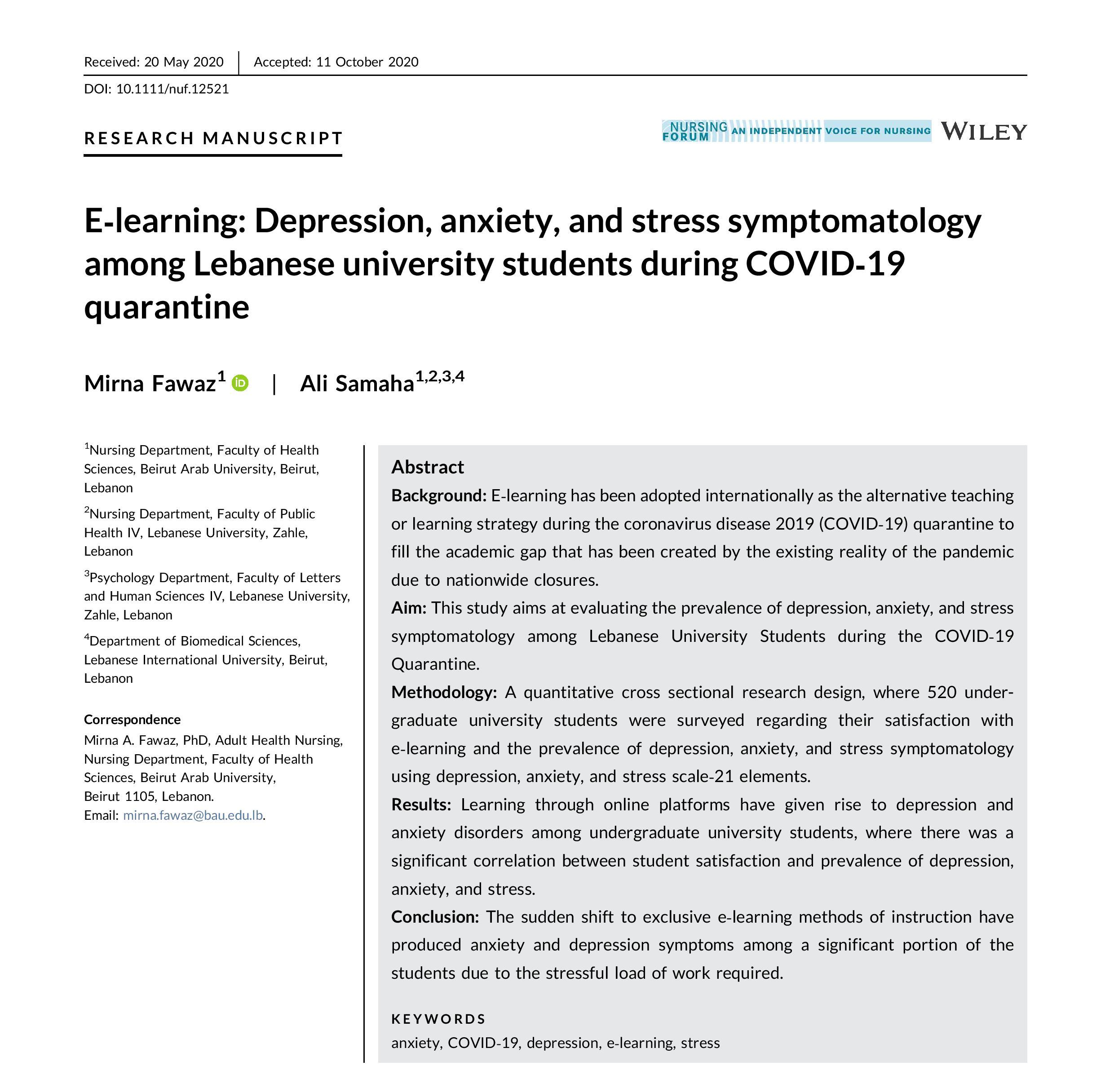 Dr. Ali Samaha from the Lebanese University publishes a research on the psychological effects on students as a result of e-learning