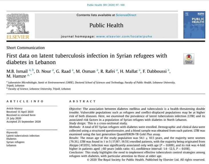 A study by the Microbiology, Health and Environment Laboratory related to the prevalence of latent tuberculosis infection among Syrian refugees with diabetes in Lebanon