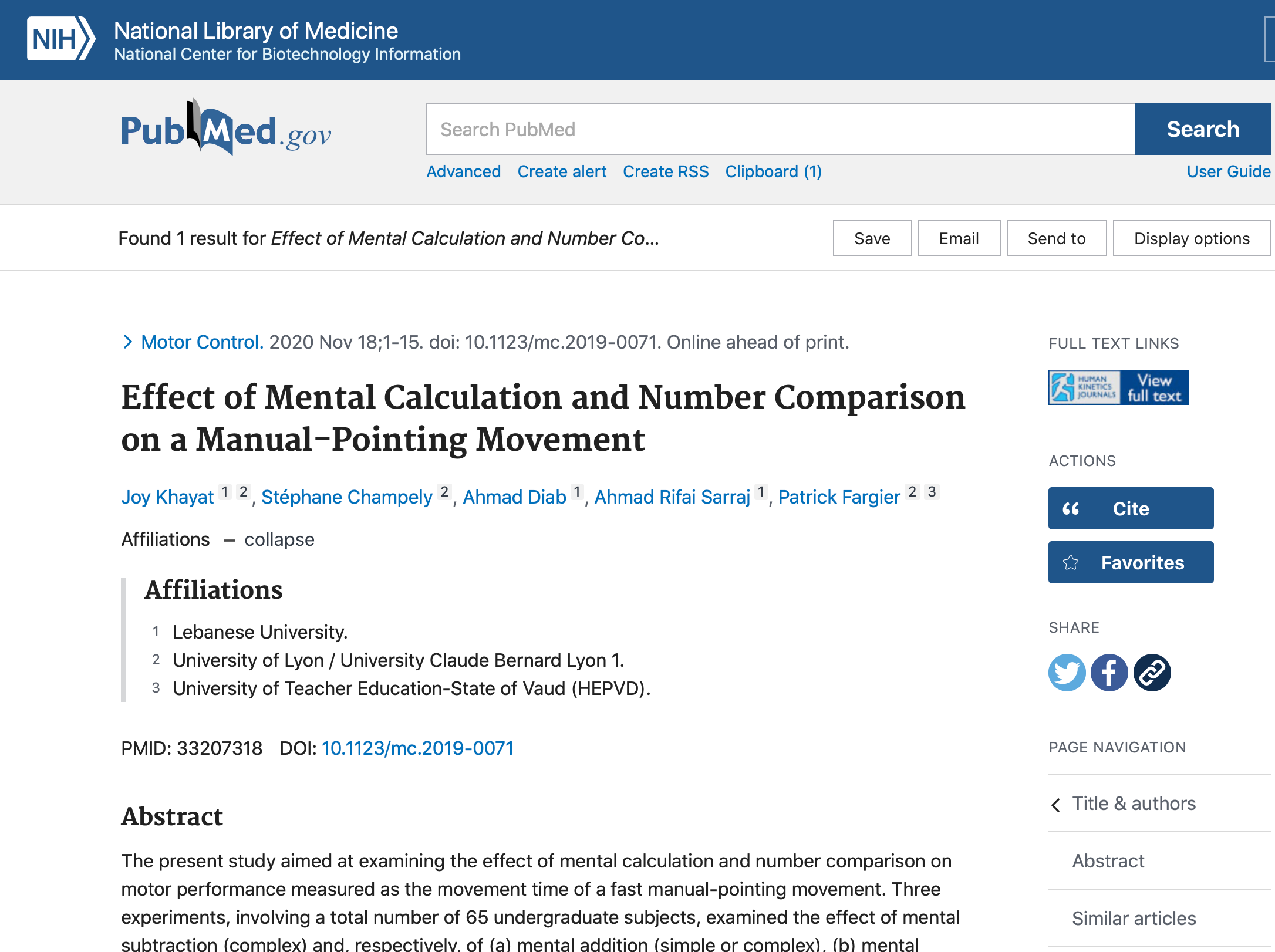 Lebanese University graduate Joy Khayat conducts a study on the effect of mental calculation and number comparison on the manual-pointing movement