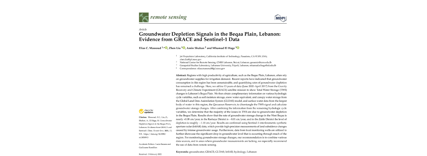مقالة بحثية مشتركة بين الجامعة اللبنانية ووكالة (ناسا) تُظهر انخفاضًا ملحوظًا بكمية المياه الجوفية في منطقة البقاع اللبنانية