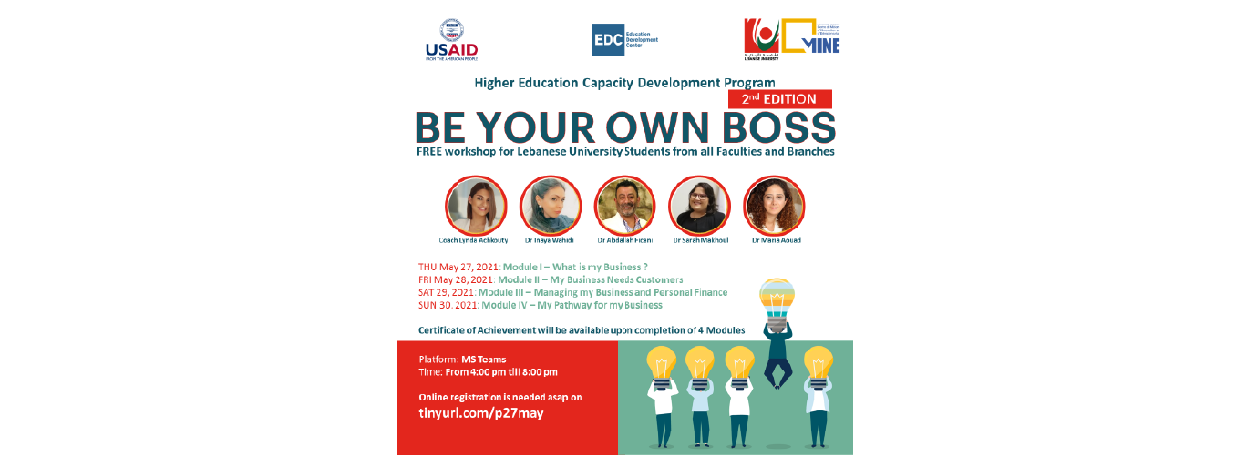 Centre MINE organizes the 2nd edition of “Be Your Own Boss” workshop by the USAID HECD from 27-30 May 2021