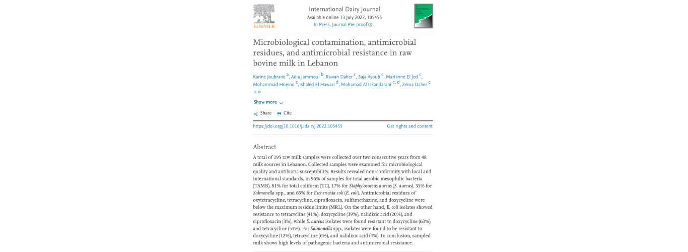 مجلة عالمية تنشر دراسة لمجموعة من الباحثين في الجامعة اللبنانية تتعلق بتقييم المستوى الصحي لحليب الأبقار الخام في عدد من المناطق اللبنانية